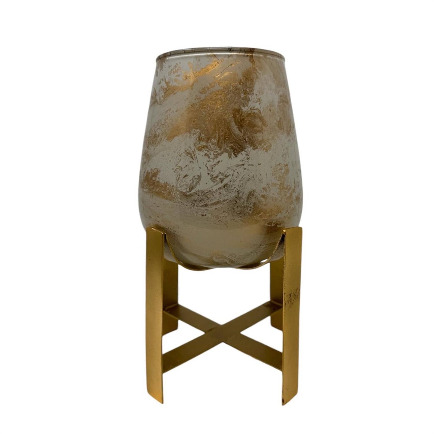 8”H Glass Candle Holder - White/Gold Marble