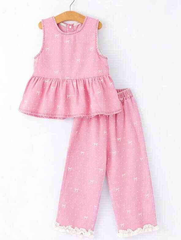 Spring Bow Dot Denim Ruffle Top and Pants Set 3/4 Pants: Blue / 8/9Y