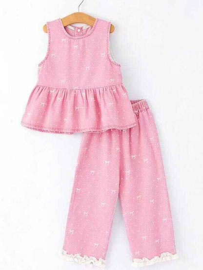 Spring Bow Dot Denim Ruffle Top and Pants Set 3/4 Pants: Blue / 8/9Y