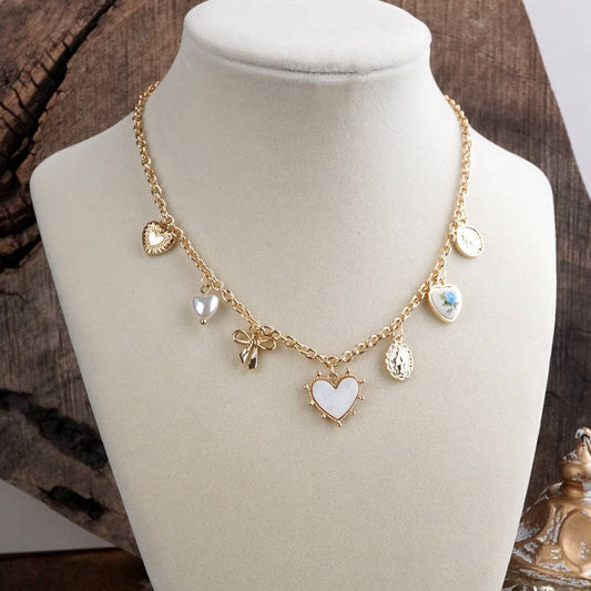 Multi-Charm Heart Necklace in Gold Tone