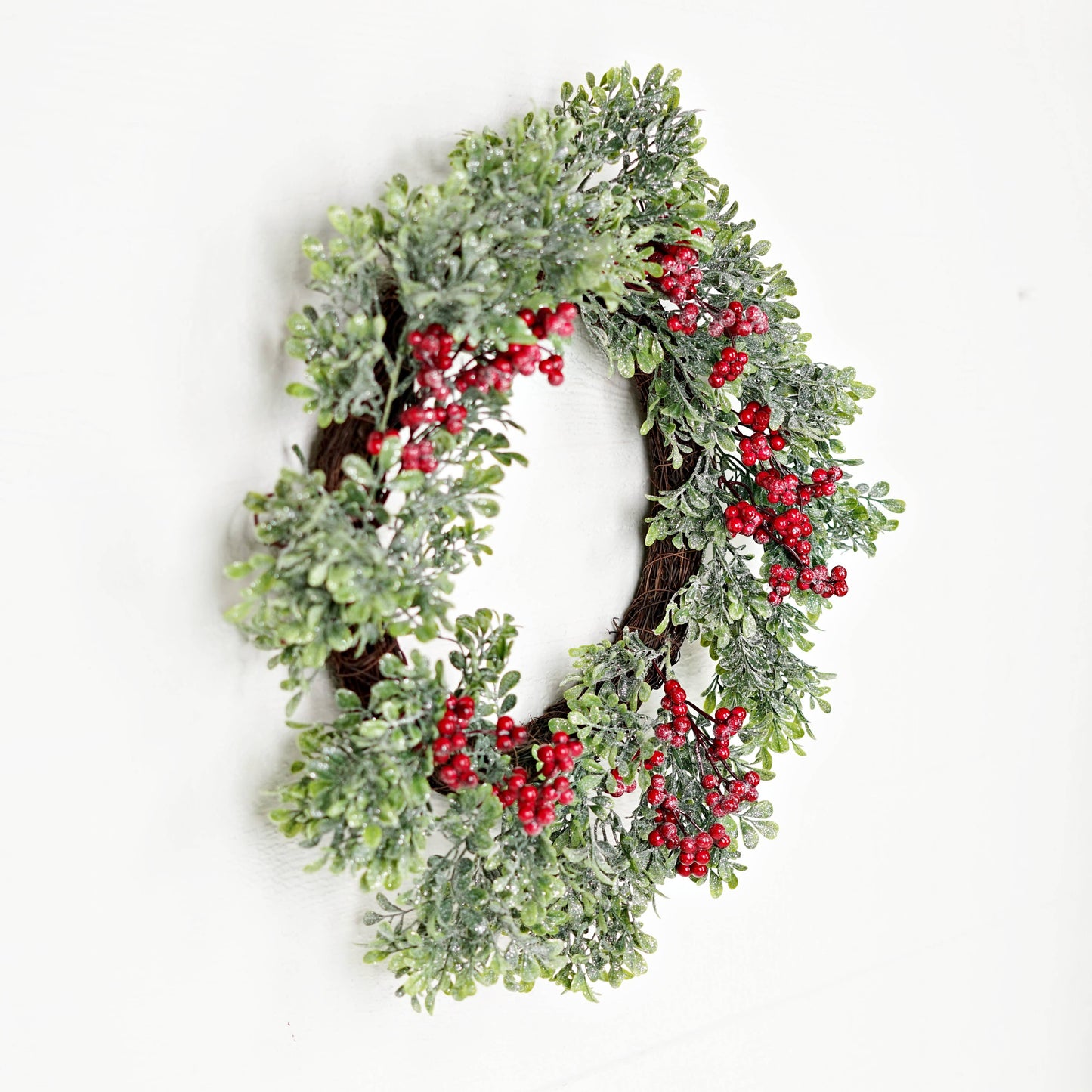 22in Twig Wreath-Icy Sparkle Boxwood with Red