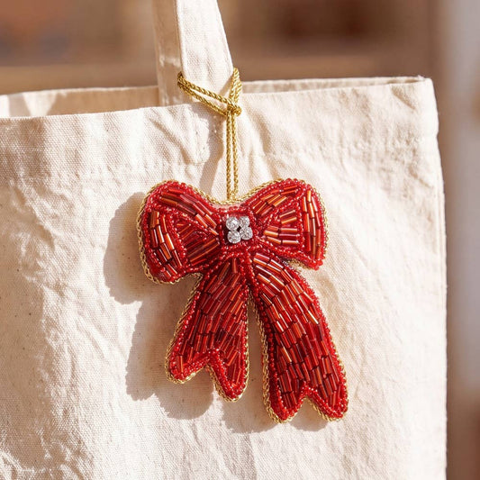 Beaded Satin Red Bow Purse Bag Charm