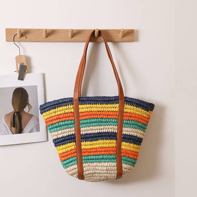 Colorful striped one-shoulder straw bag large-capacity beach bag