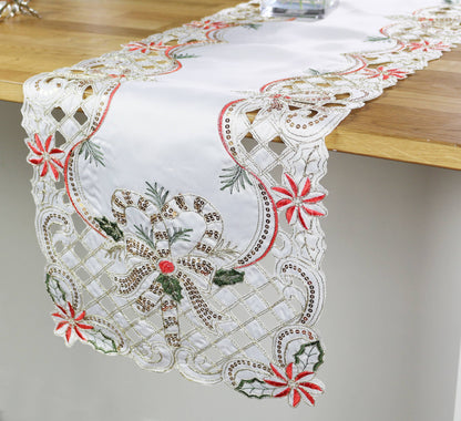 Holly Bow Christmas Design Ivory Table Runner