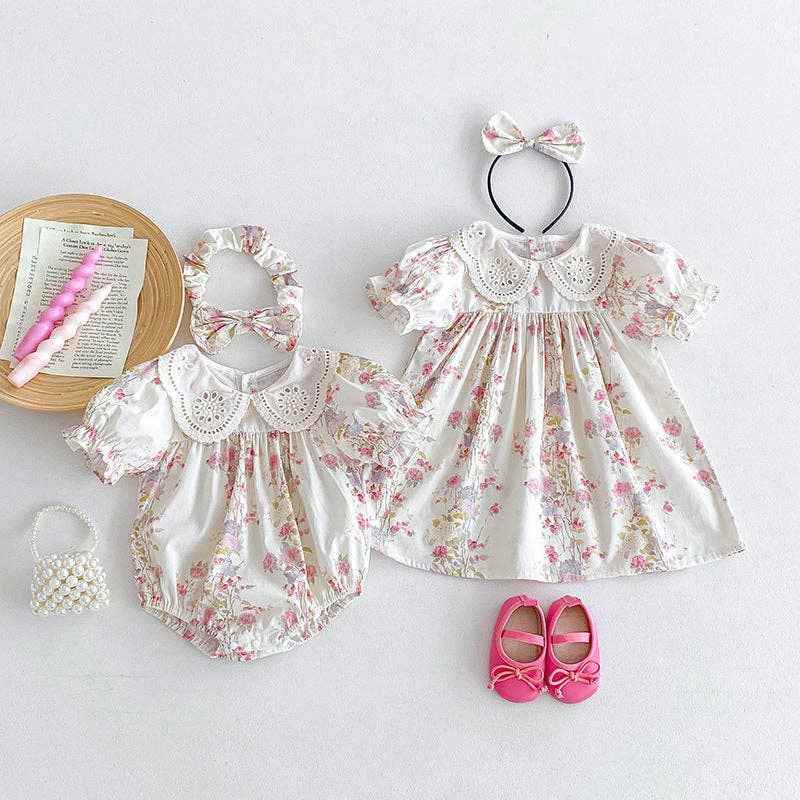 Sweet Floral Lace Baby Girls Romper and Short Sleeve Dress Match Headband: 12M / Romper