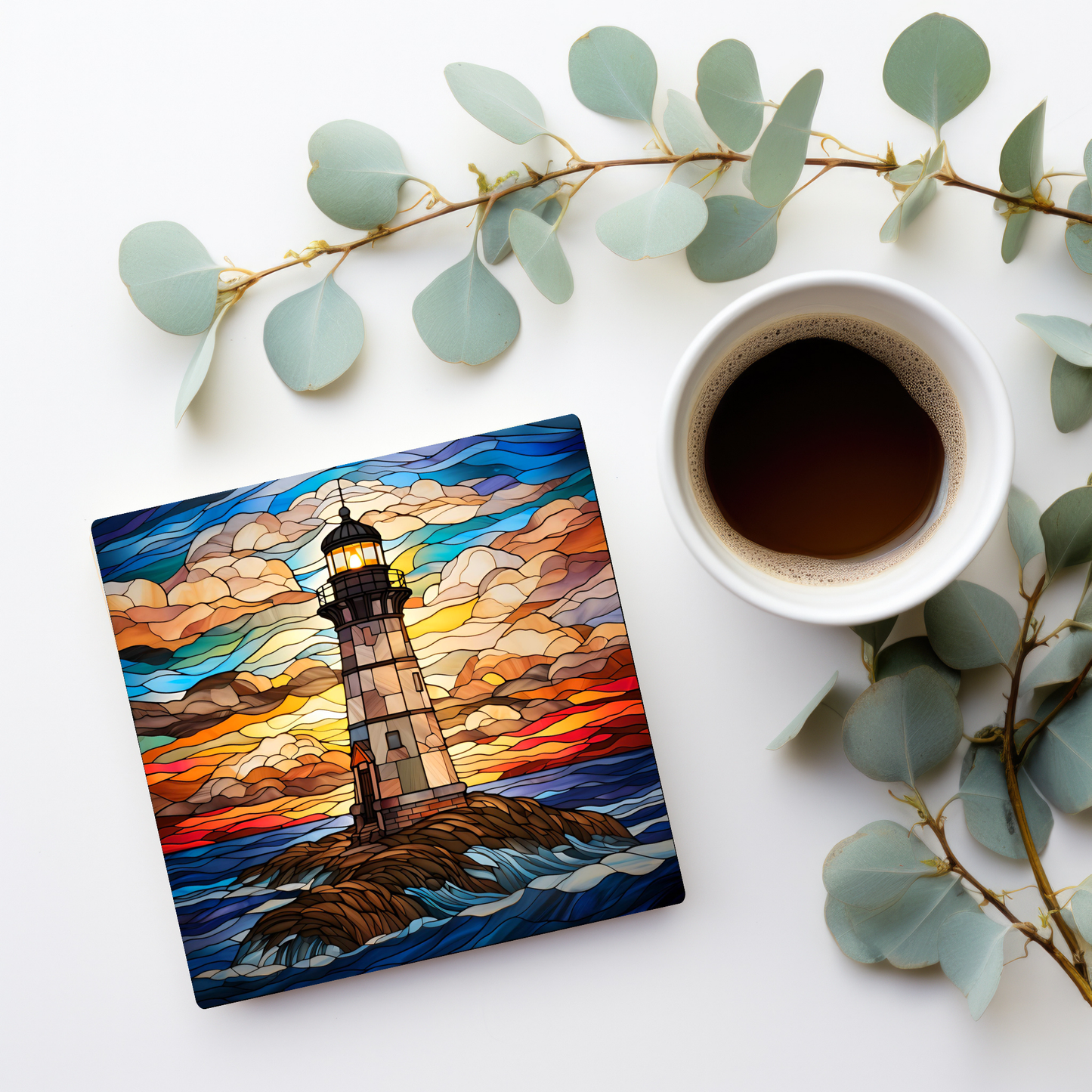 Lighthouse Coaster, Stained Glass Image, SET OF 4