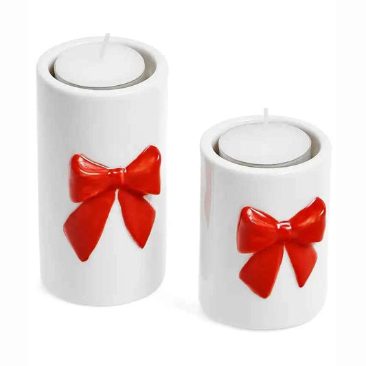 Candle Holder w/Bow Porcelain White/Red