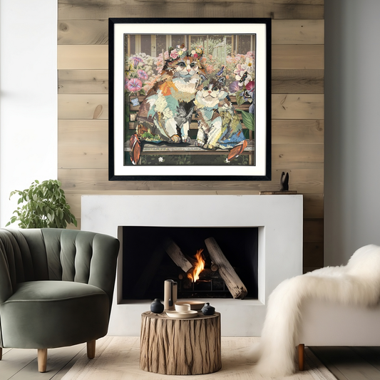 Arte de collage 3D | Gatos en el jardín (81 cm x 81 cm)