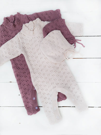 Grace Knitted Romper with Hat 2pc Set Apricot pink or Plum