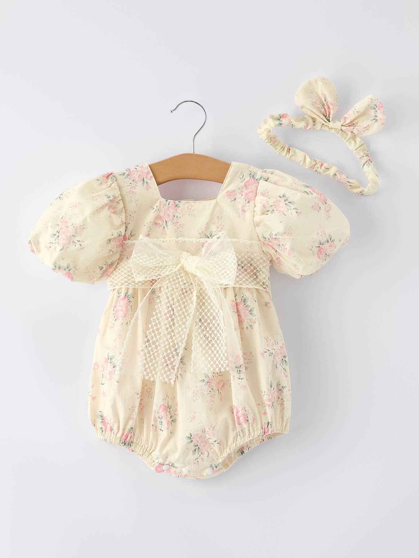 Lace Bow Baby Girls Romper Match Headband: 6M