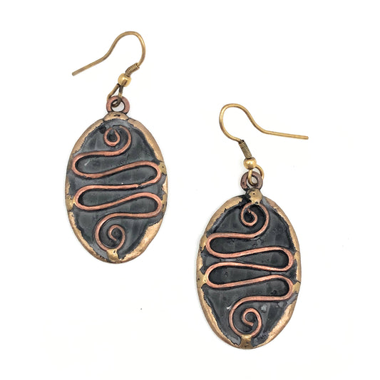 Brass Patina Earrings with Wavy Line