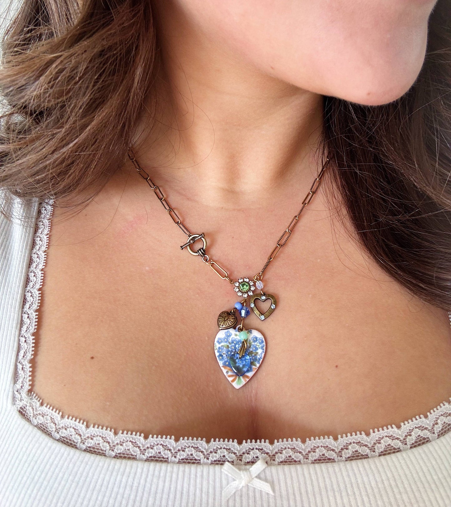 Blue Flower Bouquet Crystal Heart Charm Link Chain Necklace