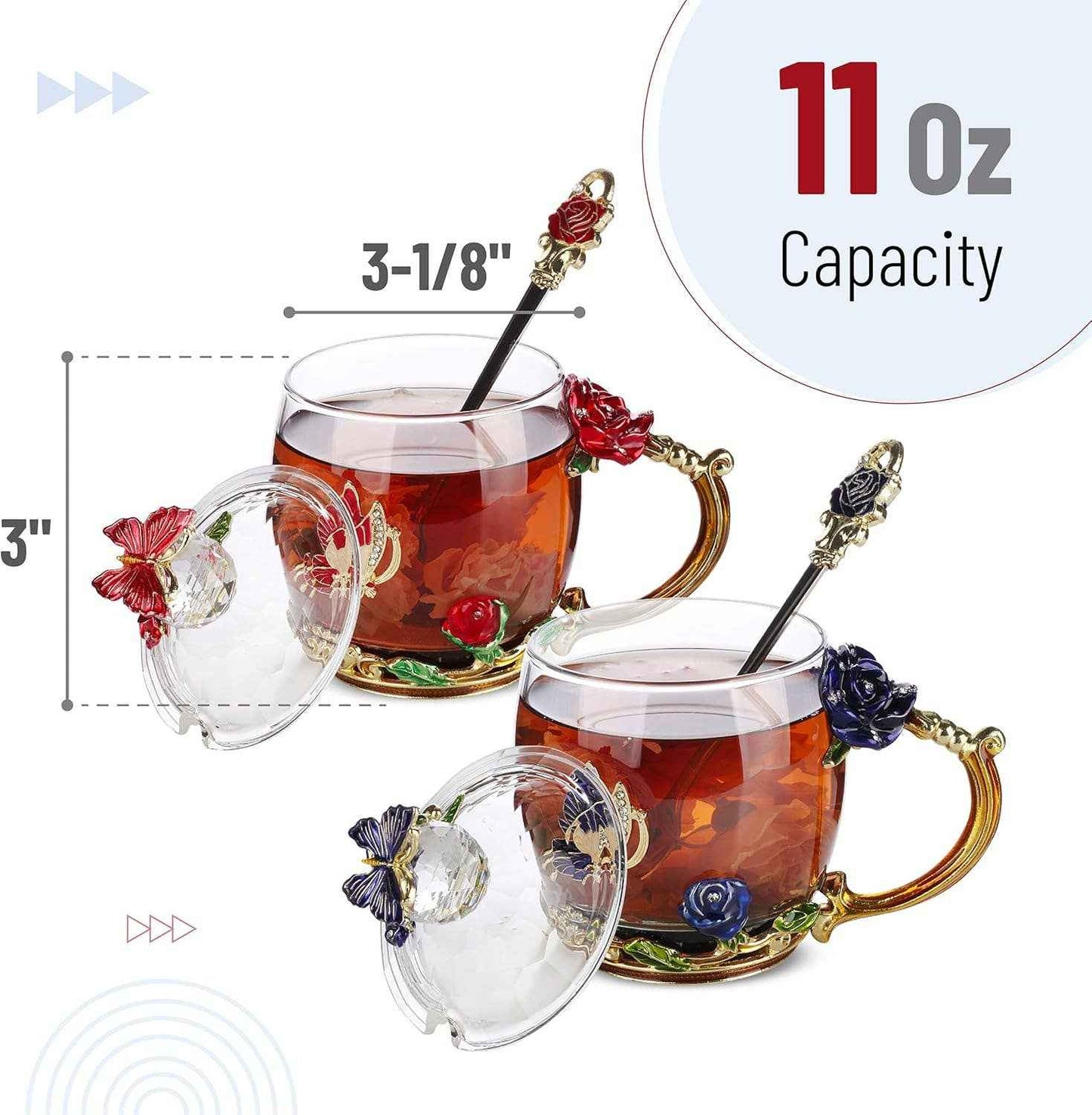 Floral Glass Tea Cups with Lids – Set of 2