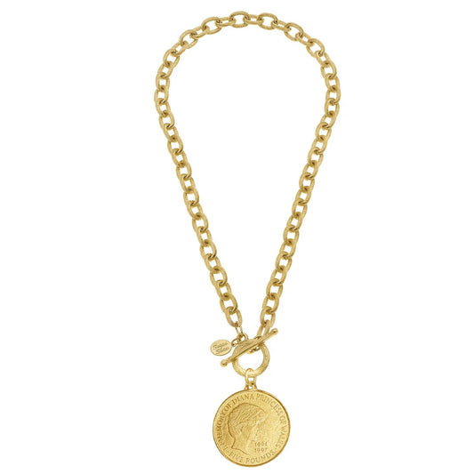 Susan Shaw - Princess Diana Coin on Gold Front Toggle Necklace