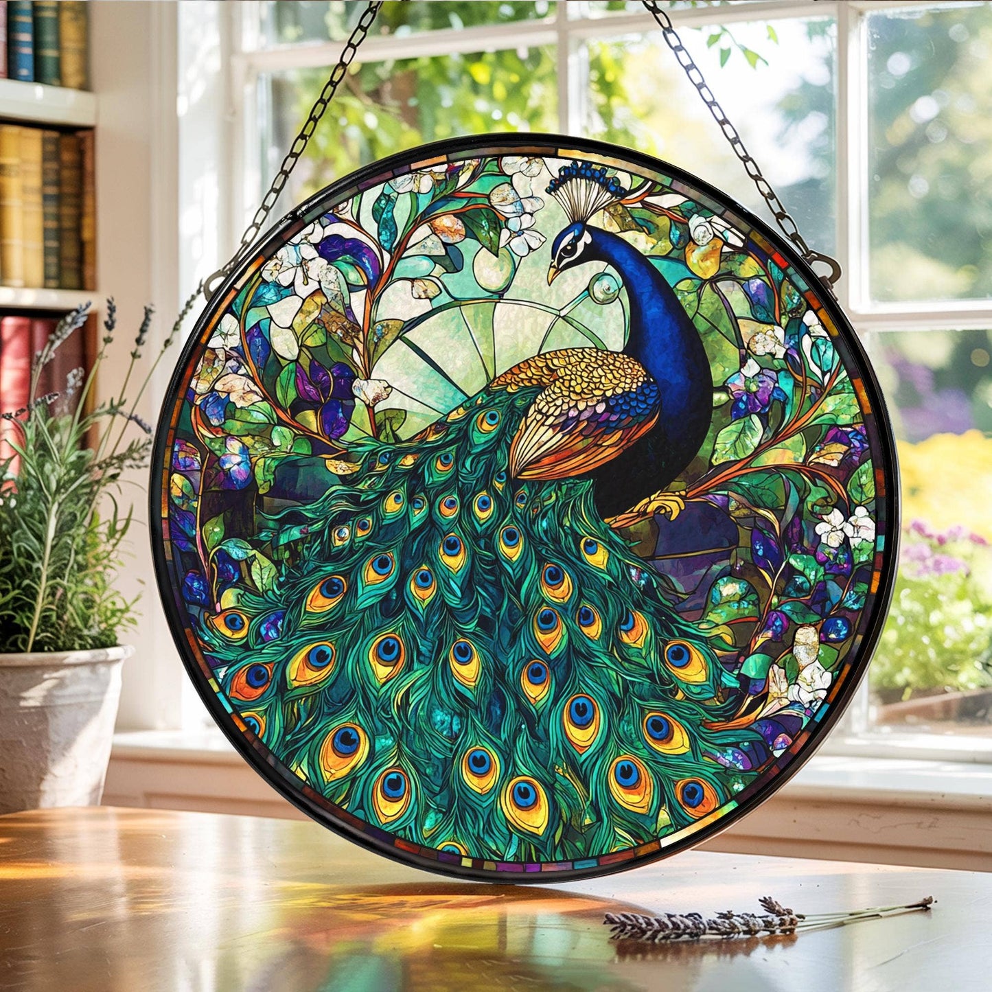 Peacock Stained Glass Suncatcher, Peacock Flowers Decor