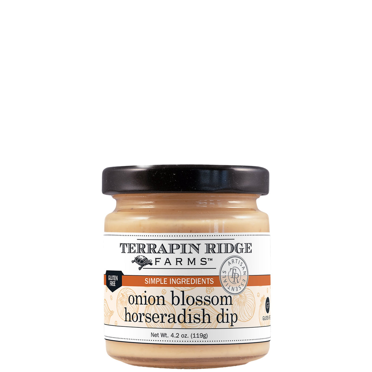 A small glass jar of Terrapin Ridge Farms onion blossom horseradish dip with a black lid and a white label reading net wt. 4.2 oz.