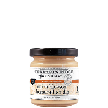 A small glass jar of Terrapin Ridge Farms onion blossom horseradish dip with a black lid and a white label reading net wt. 4.2 oz.