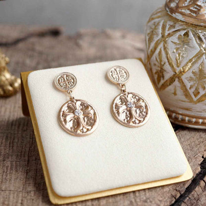 Faith & Relic – Cross Coin Dangle Earrings in Worn Gold or Silver: Gold