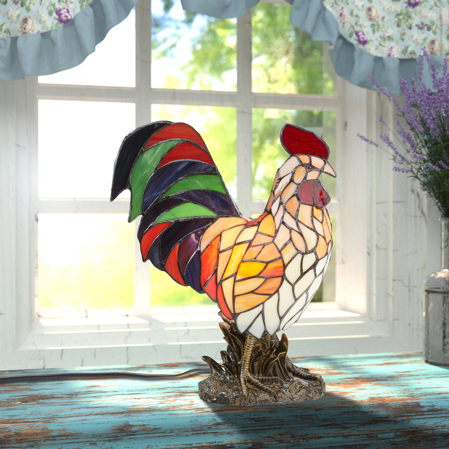 15"H Tiffany-style Rooster Multi-Color Novelty Accent Lamp