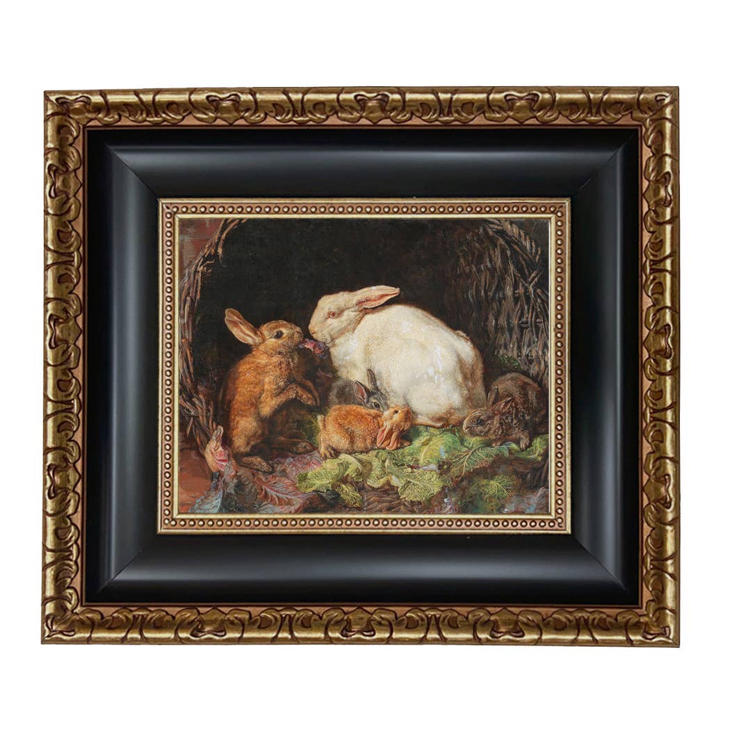 Hares and Young Framed Painting Print on Canvas