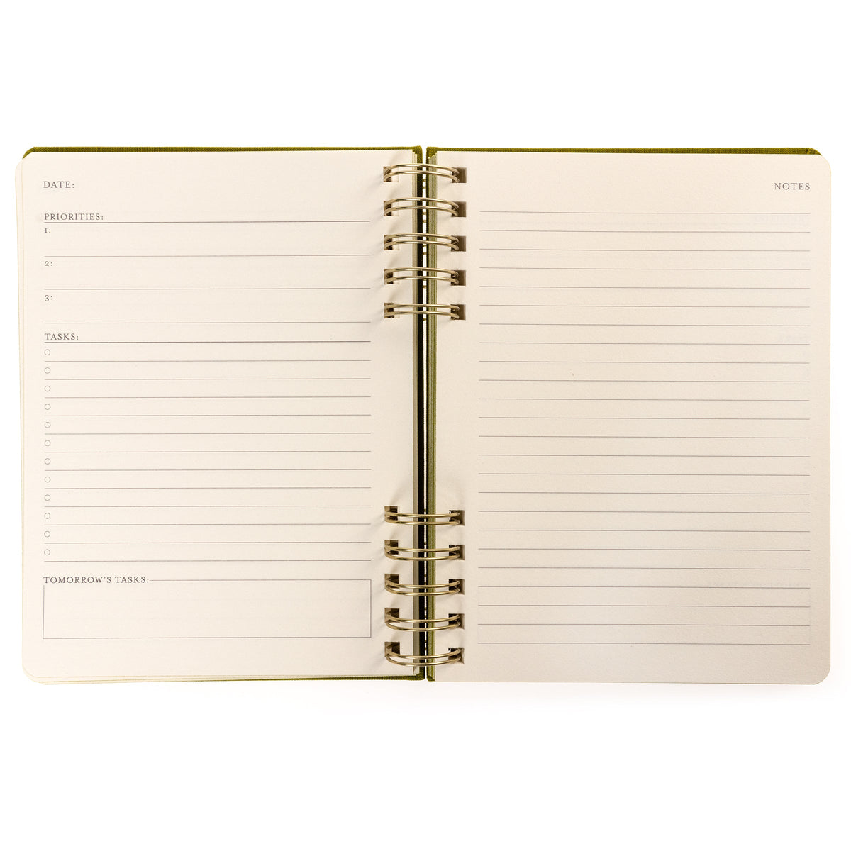 Olive Green Fabric-Bound Task Journal, An olive green fabric task journal with Daily Overview lettered in gold foil down the spine edge.