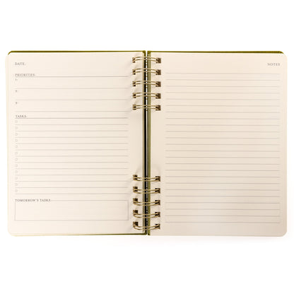 Olive Green Fabric-Bound Task Journal, An olive green fabric task journal with Daily Overview lettered in gold foil down the spine edge.