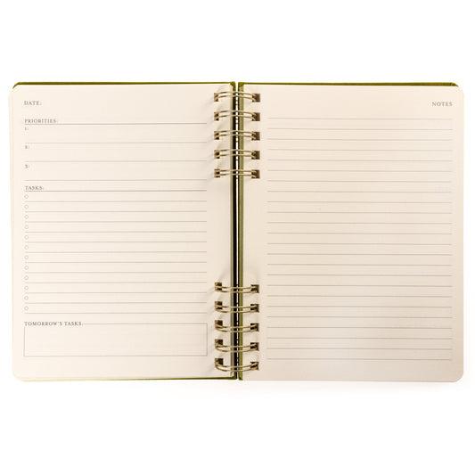 Olive Green Fabric-Bound Task Journal, An olive green fabric task journal with Daily Overview lettered in gold foil down the spine edge.