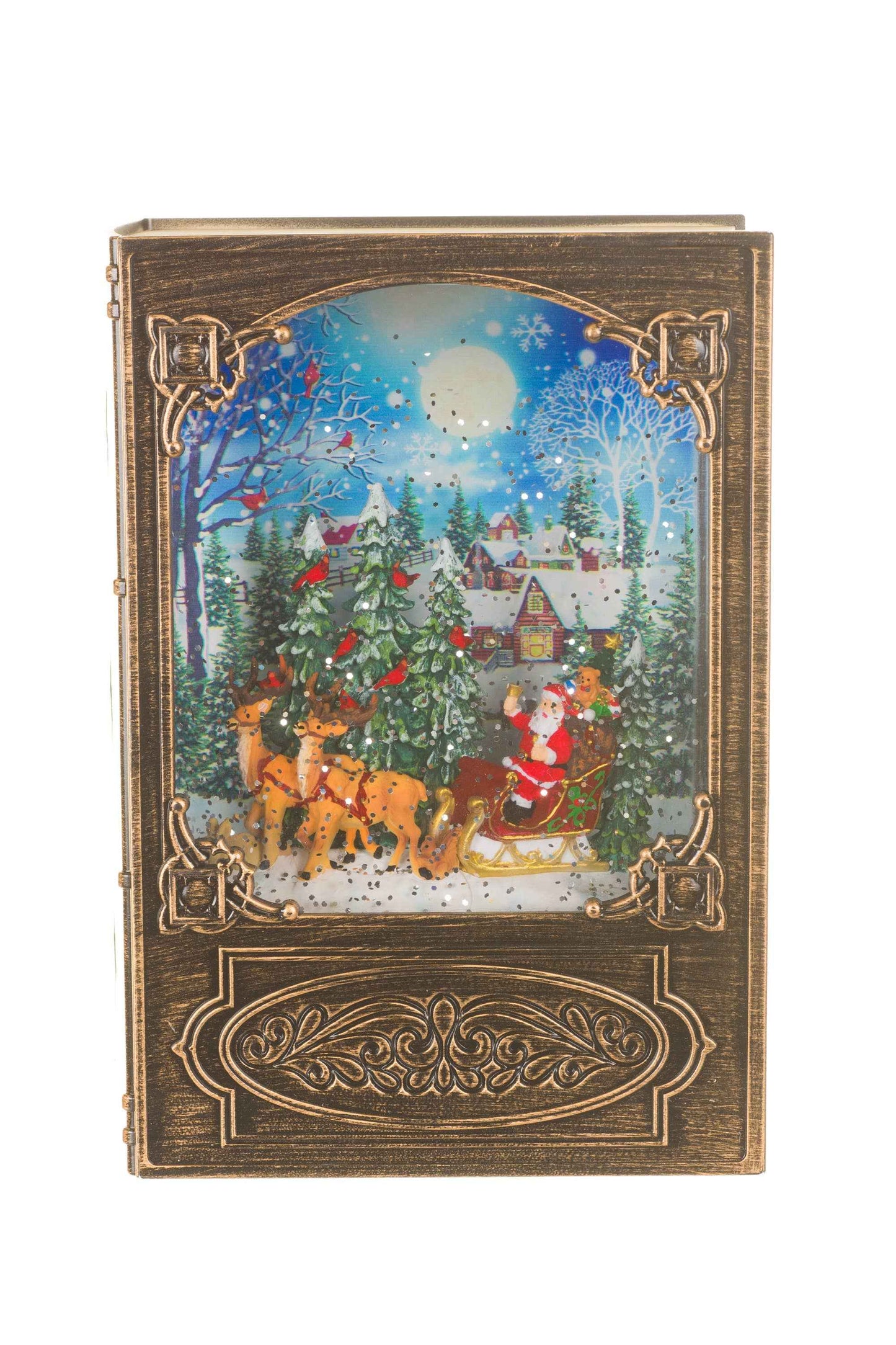 NEW-Brass Bookend Snow Globe with Christmas Eve Santa