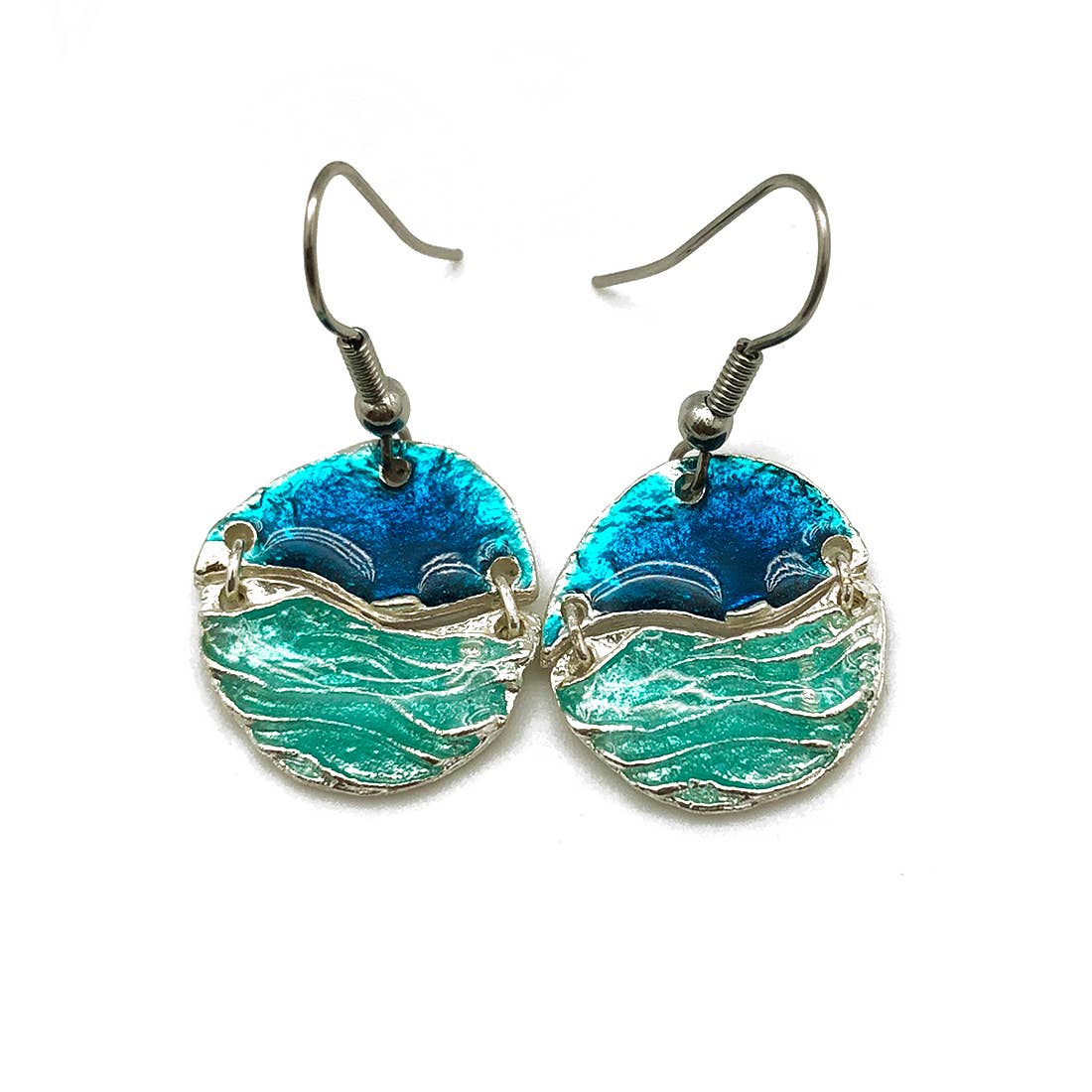 Pewter Earrings with Color Enamel - Teal/Aqua Wavy Circle