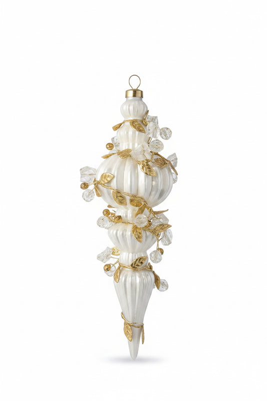 Blown Glass Ornament-White Finial Wrapped in Gold Wire and Bead Garland