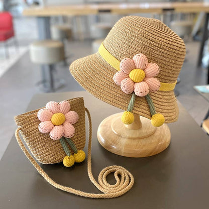Sun Protection Beach Straw hat&flower Straw Bag 2pcs set