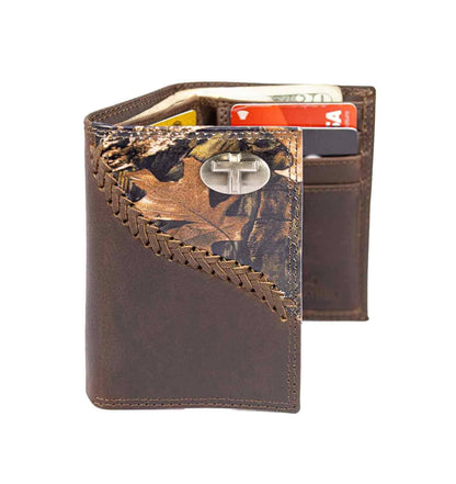 Christian Cross Leather Trifold Wallet: Crazyhorse Brown