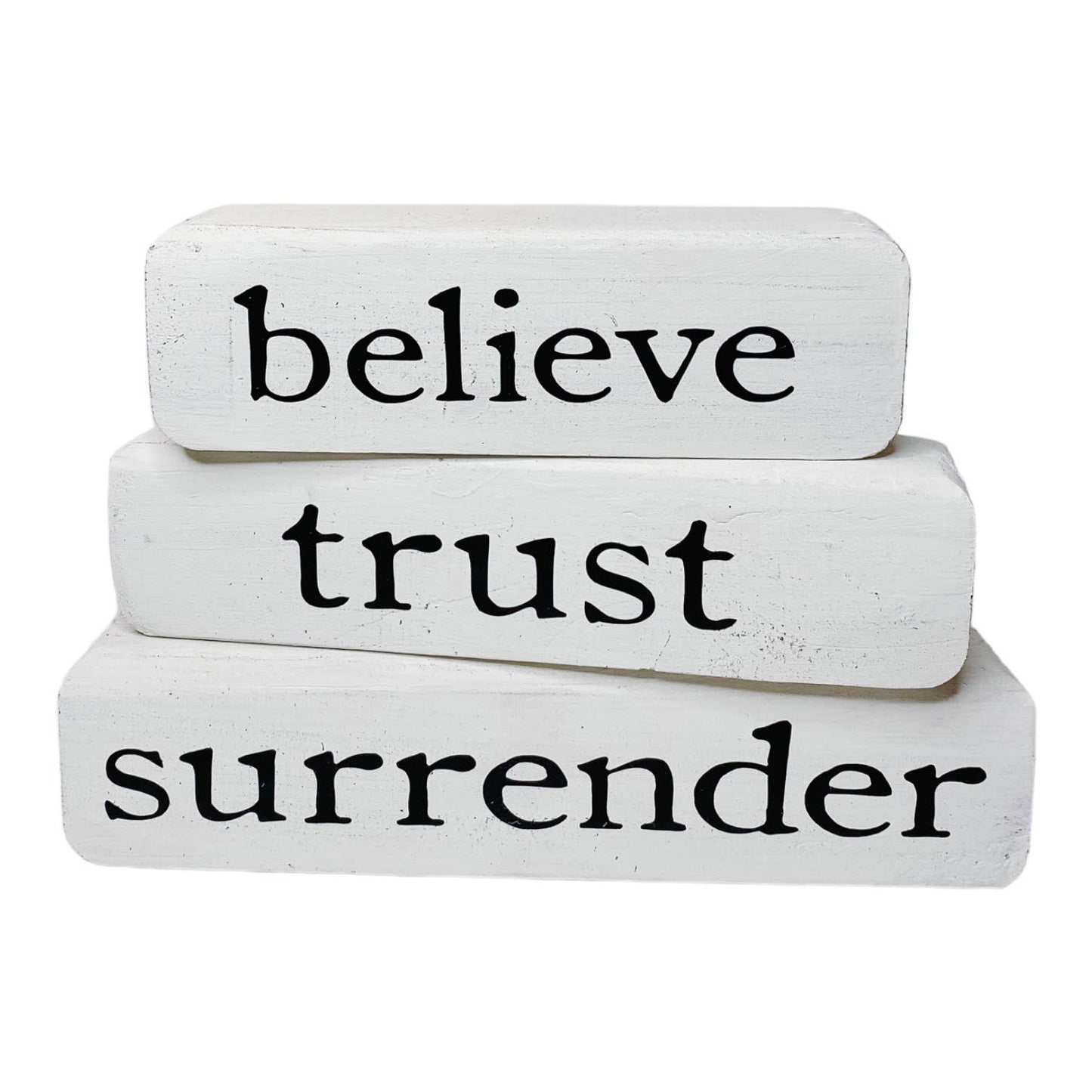 Believe Trust Surrender – Brown Stacked Blocks
