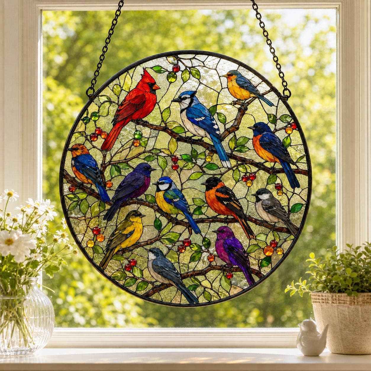 Bird Stained Glass Suncatcher, Colorful Songbird Hanging