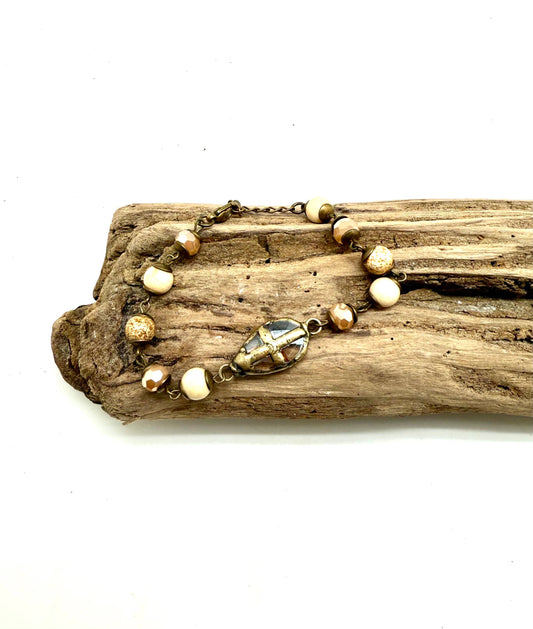 Bracelet Vintage  PictureJasper(8mm)w/Bevelled Cross 7”w/2”