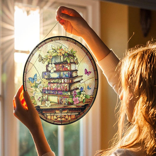 Flower Book Stained Glass Suncatcher, Book Club Ornament