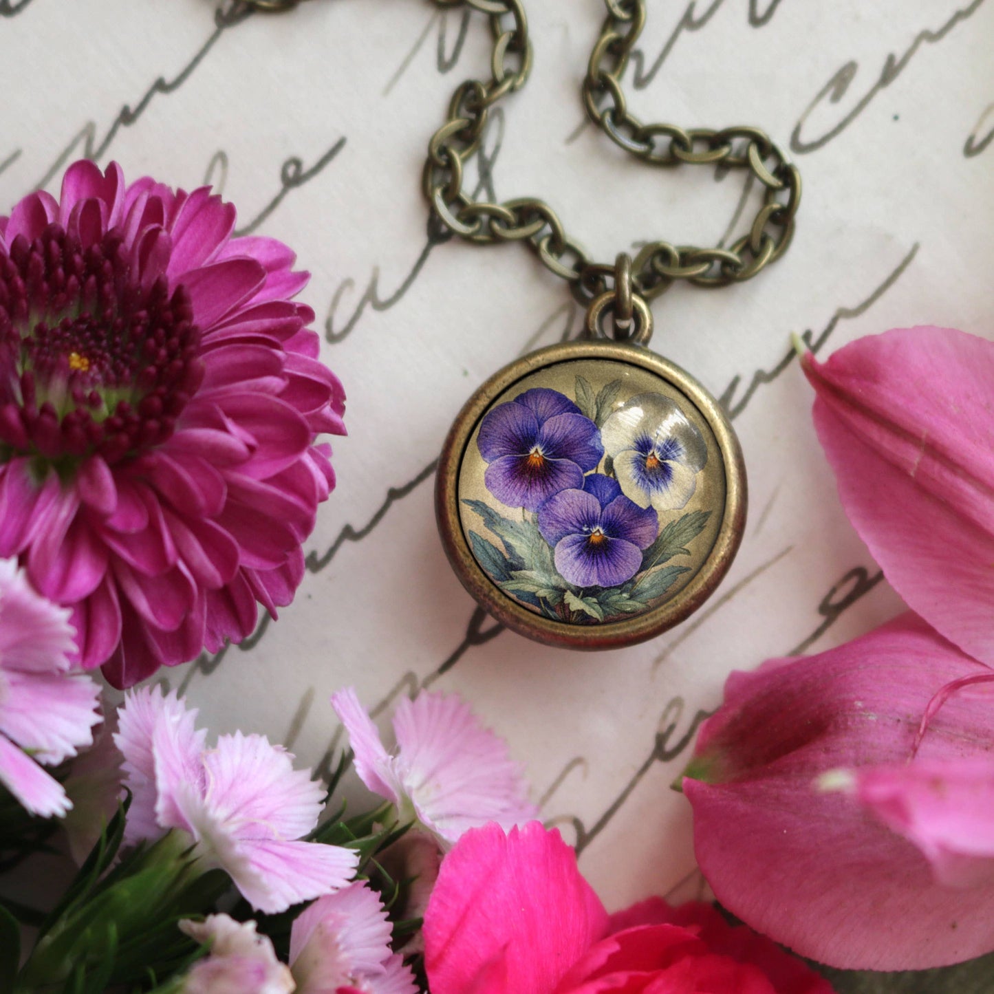 Purple Pansies Spring Floral Reversible Pendant Necklace