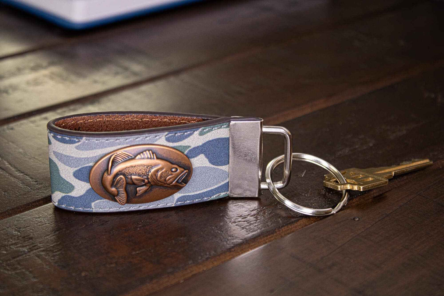 Bass Fishing Old School Camo Leather Loop Keychain.: Brown/Tan Camo