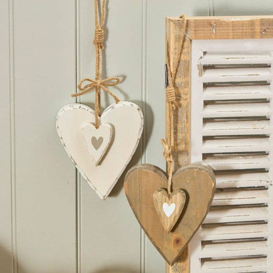 Rustic Fir Wood Chunky Hanging Double Heart 2 Assorted Colors