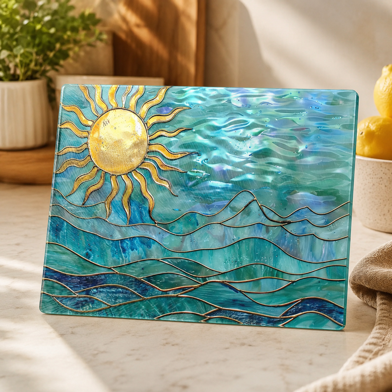 Ocean Sun Tempered Glass Cutting Board, Coastal Charcuterie : 8x11 inch