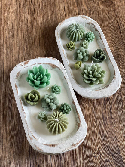 Vela perfumada de jardín de cactus en cuenco de madera