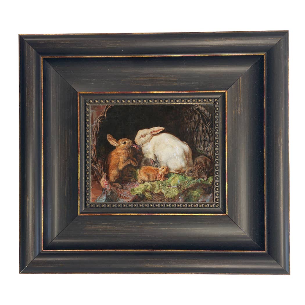 Hares and Young Framed Painting Print on Canvas