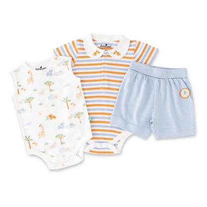 Organic Safari Baby Outfit Set – 3-Piece (Bodysuits & Shorts): 9-12 months