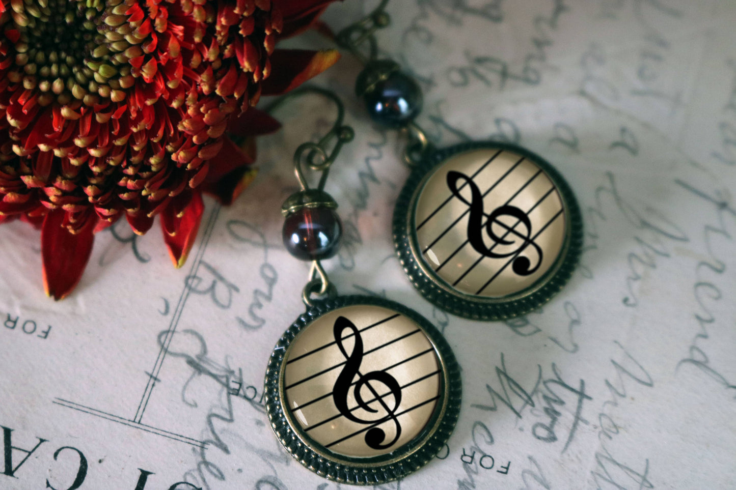 Treble Clef Music Decoupaged Glass Cabochon Dangle Earrings