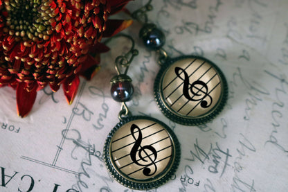 Treble Clef Music Decoupaged Glass Cabochon Dangle Earrings
