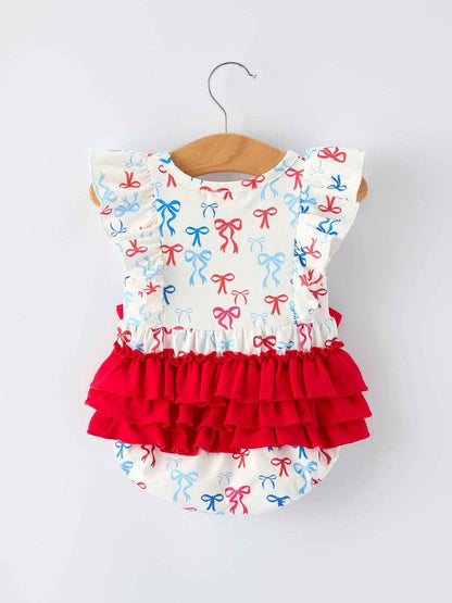 4th of july Bow Print Baby Girl Romper With Ruffle Details: 18M