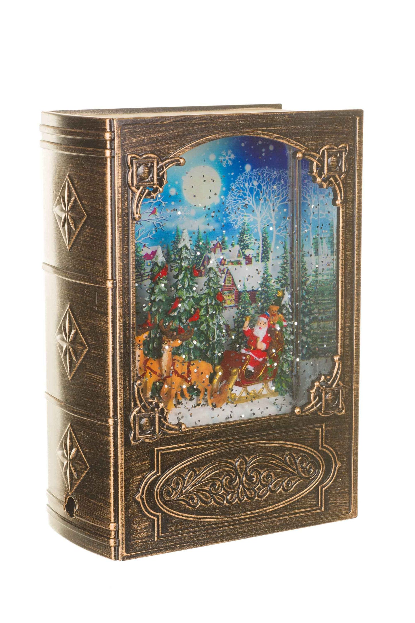 NEW-Brass Bookend Snow Globe with Christmas Eve Santa