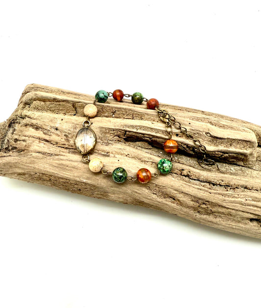 Bracelet Vintage Dk. Multi Quartz(8mm)w/Oval Glass Ctr.7”w/2”