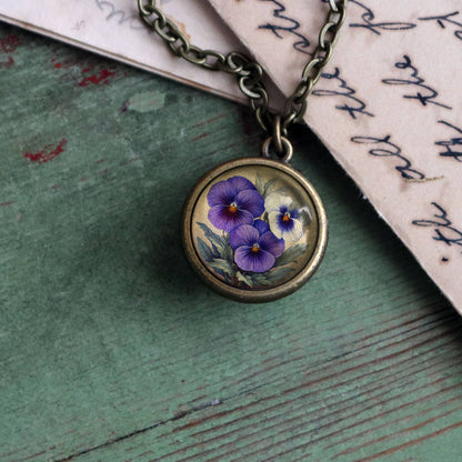 Purple Pansies Spring Floral Reversible Pendant Necklace
