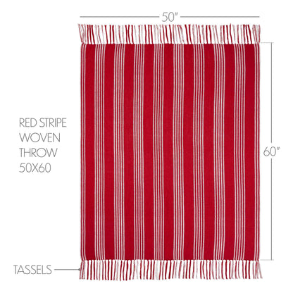 Red Ticking Stripe Woven Throw with Fringe 50x60